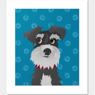 Salt and Pepper Miniature Schnauzer Dog with Blue Daisies Posters and Art